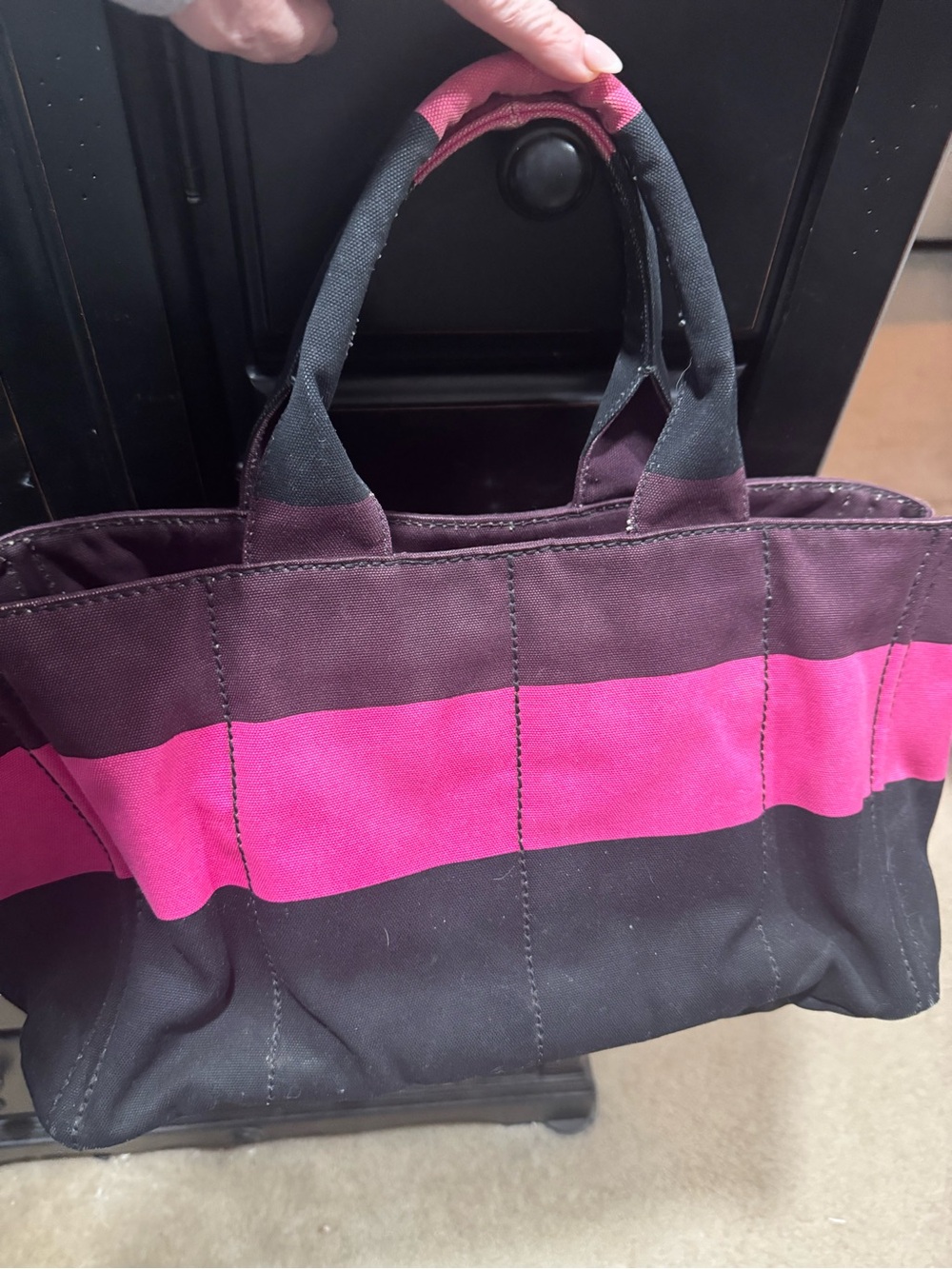 Prada Striped Pink and Black Canvas Tote Bag